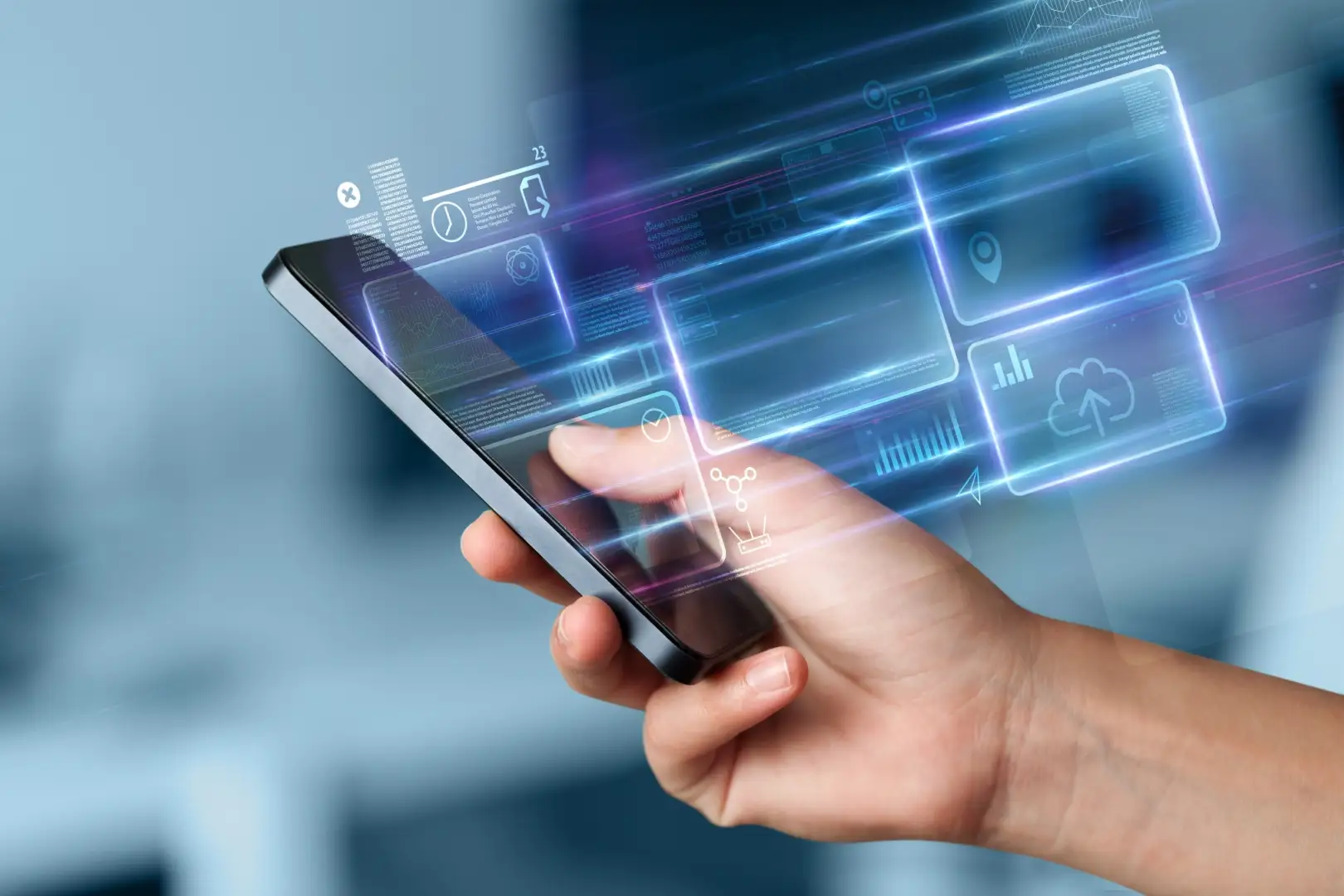 Hand holding a smartphone displaying call tracking data and analytics.
