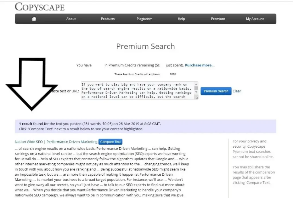 CopyScape Premium Search interface showing text input and results.