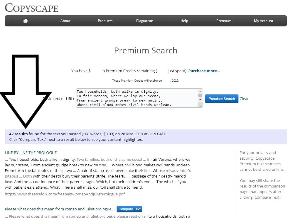 CopyScape Premium Search results for Romeo and Juliet prologue