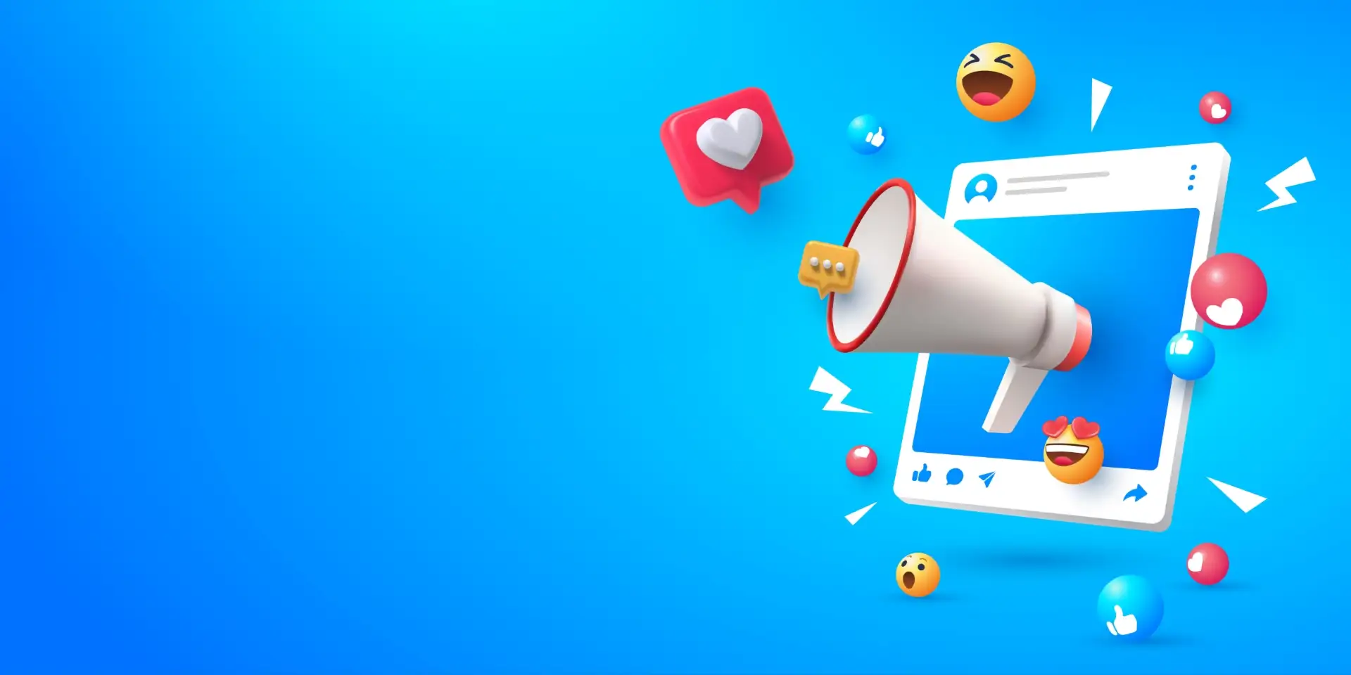 Effective Facebook Ad Management: Boost Your Reach Megaphone announcing a Facebook ad with social media icons and emojis.