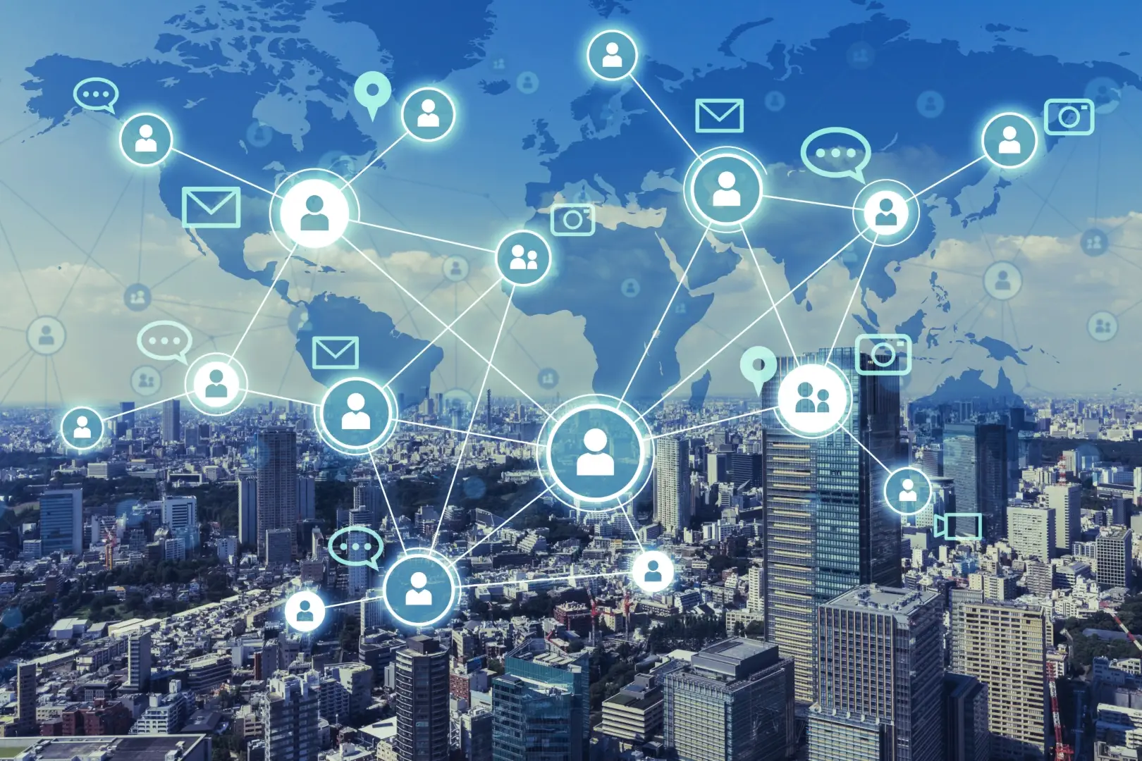 Expert LinkedIn Ad Management for Global Reach Global network overlay on city skyline, representing LinkedIn Ad Management.